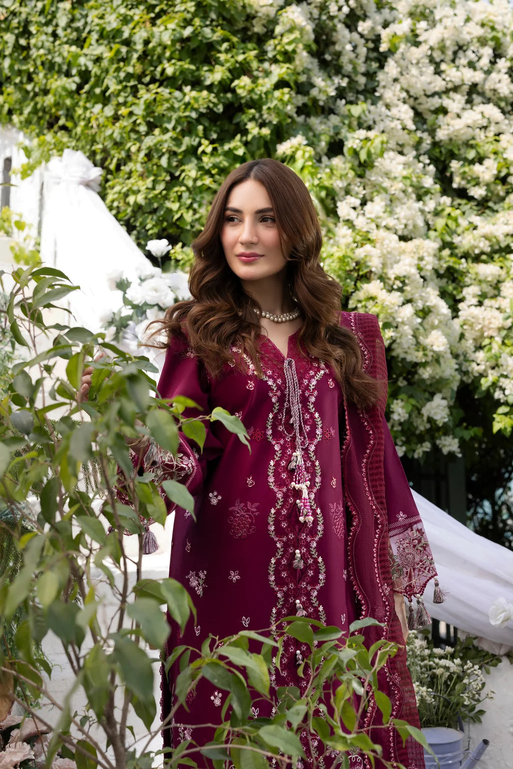Deep Plum Berry & Silver: Embroidered Cotton Suit | Ready To Wear