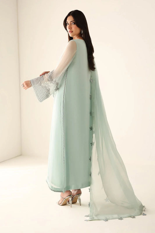 Pastel Mint & Pearl Silver Accent: Embroidered Chiffon Suit | Ready To Wear