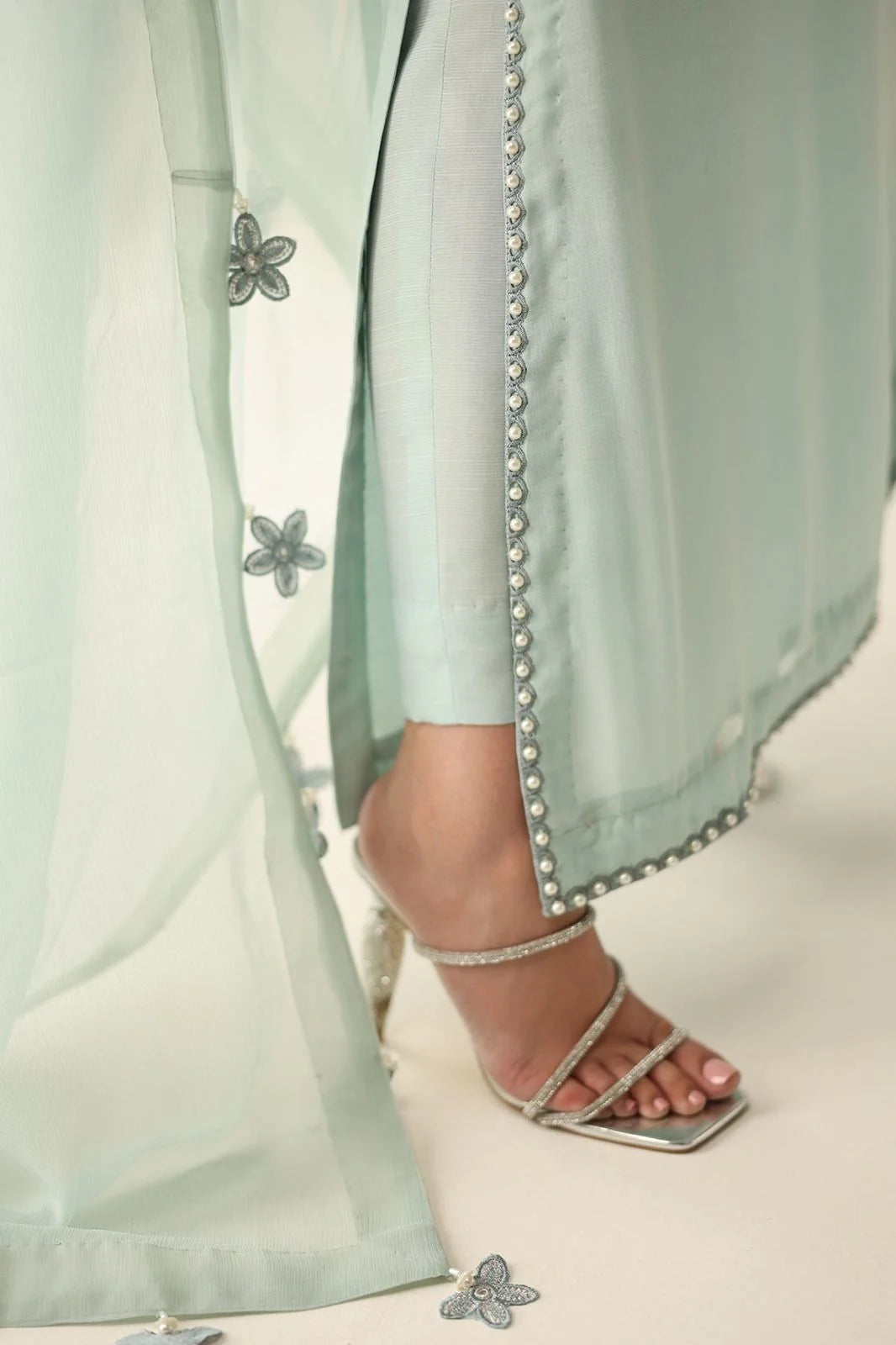 Pastel Mint & Pearl Silver Accent: Embroidered Chiffon Suit | Ready To Wear