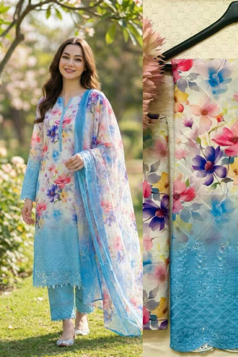 3 Piece Stitched Lawn Suit - Ready To Wear