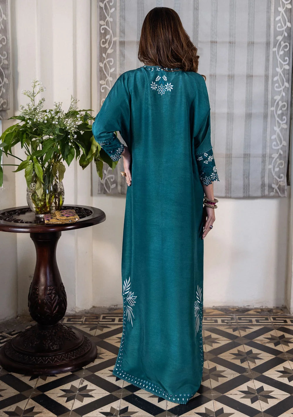 The Teal Lagoon: Silk Embroidered Long Kaftan Kurta | Ready To Wear