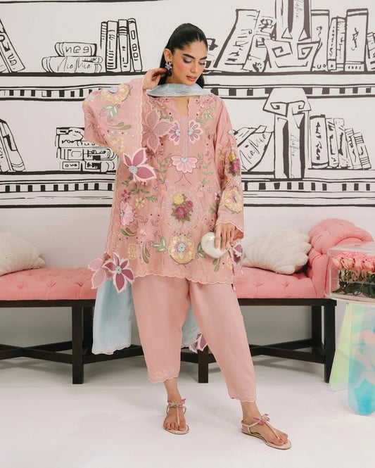 Pastel Pink & Ice Blue Accent: Embroidered Cotton Suit | Ready To Wear