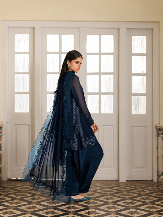 Midnight Blue Embroidered Chiffon 3-Piece Suit