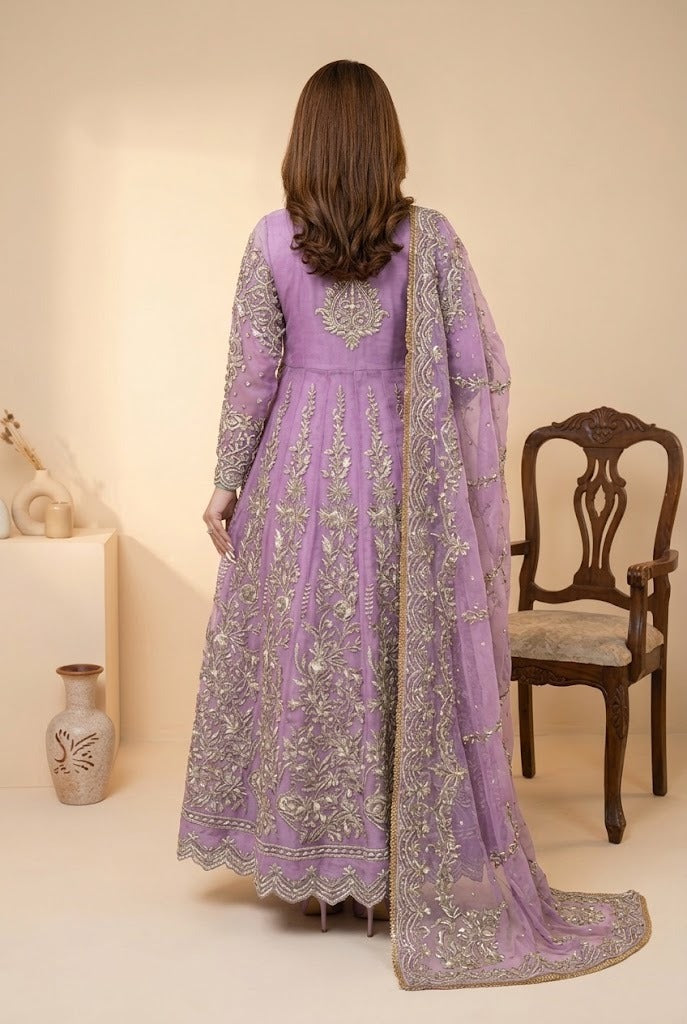 Soft Lilac & Silver Heavily Embroidered Net Maxi | Ready To Wear