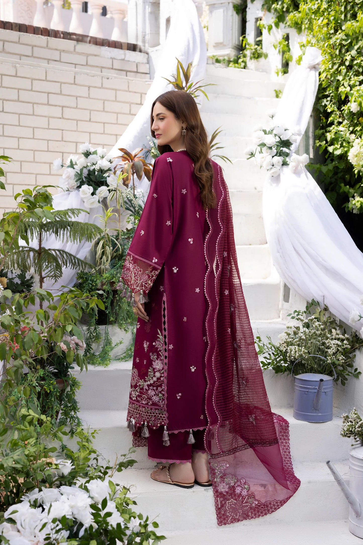 Deep Plum Berry & Silver: Embroidered Cotton Suit | Ready To Wear