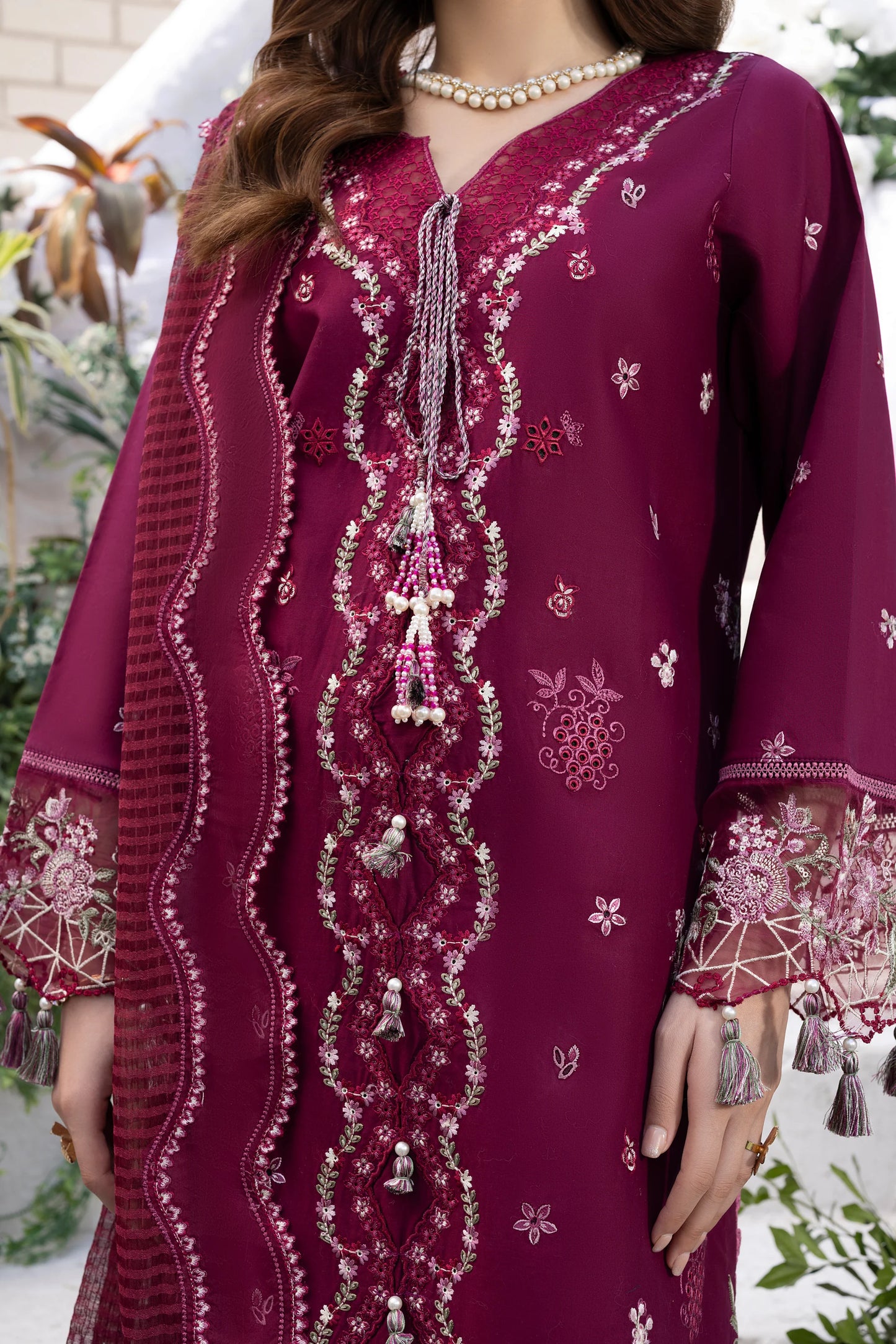 Deep Plum Berry & Silver: Embroidered Cotton Suit | Ready To Wear