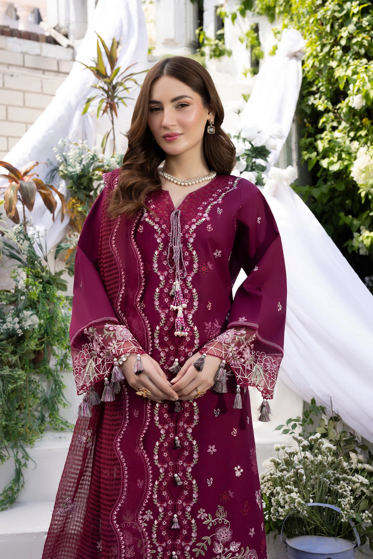 Deep Plum Berry & Silver: Embroidered Cotton Suit | Ready To Wear