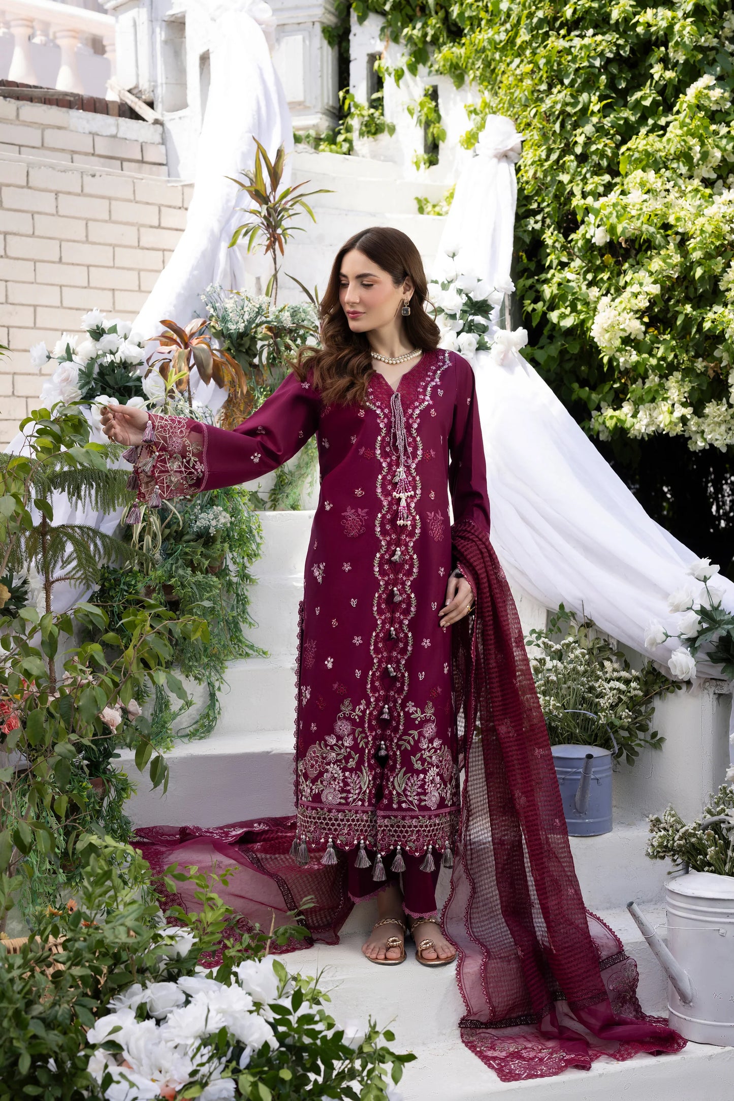 Deep Plum Berry & Silver: Embroidered Cotton Suit | Ready To Wear