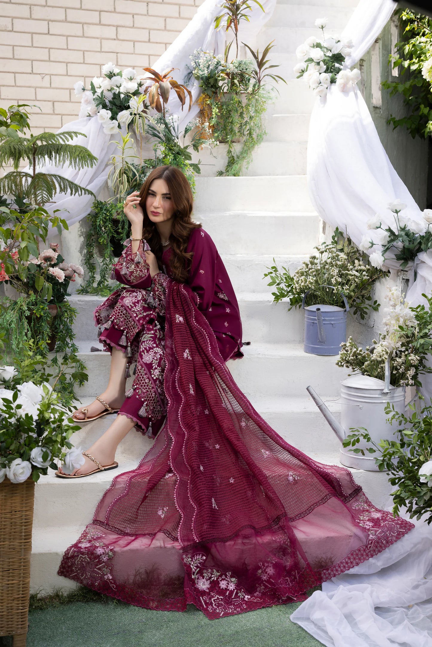 Deep Plum Berry & Silver: Embroidered Cotton Suit | Ready To Wear