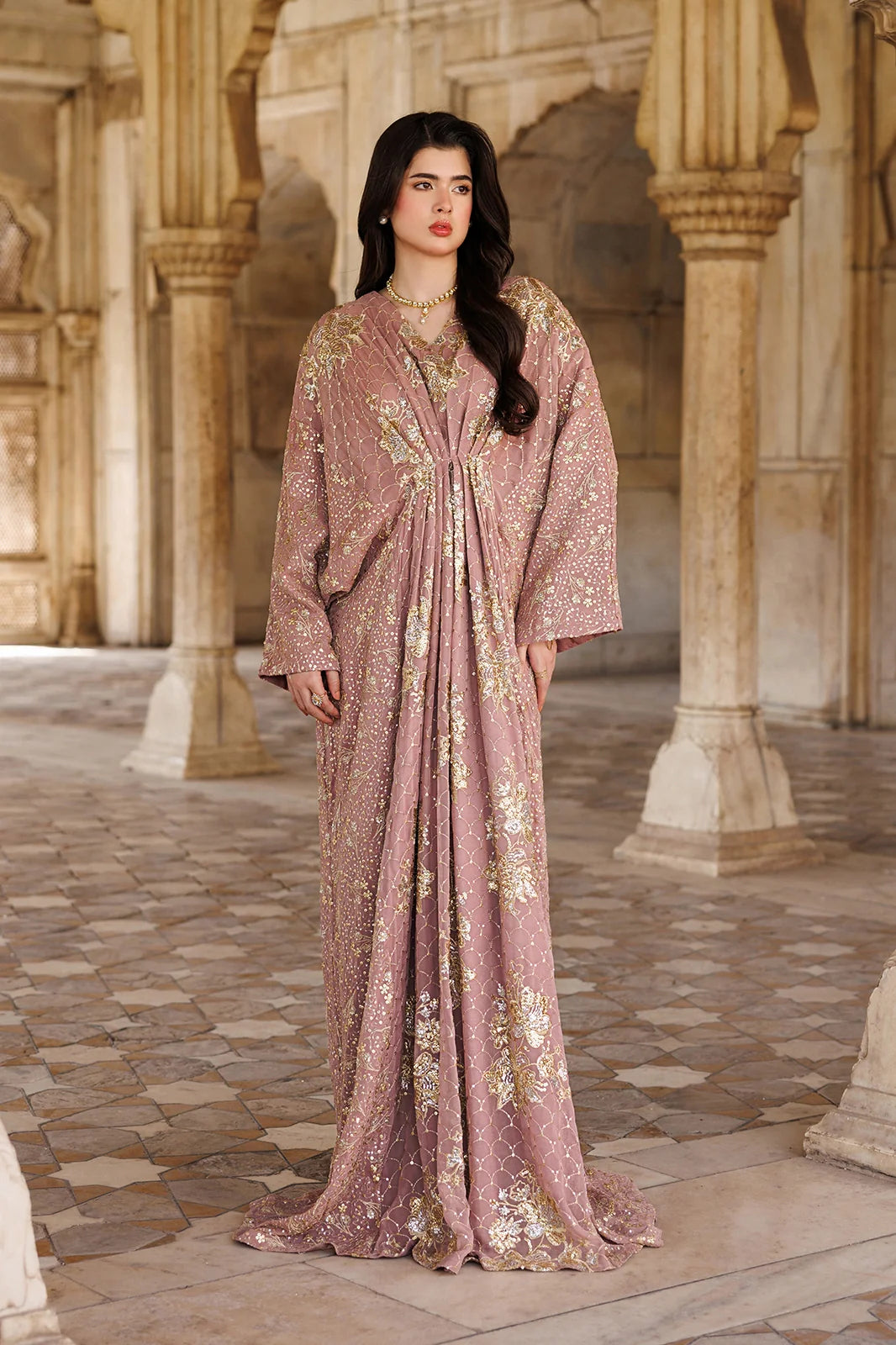 Rosewood Pink Gown with Metallic Gold Work | Ready To Wear