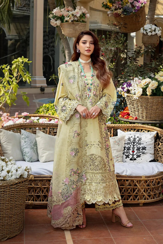Soft Butter Yellow & Pink Floral Embroidered Lawn Suit | Ready To Wear