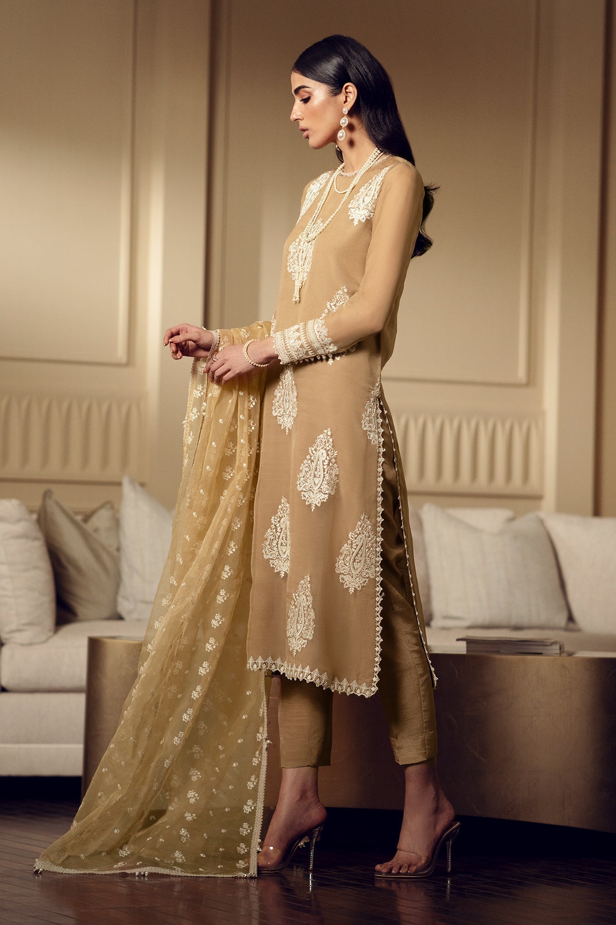 Biscuit Gold & Ivory: Embroidered Chiffon Suit With Malai Trouser | Ready To Wear