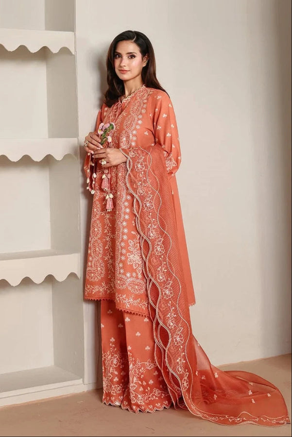 Warm Burnt Peach & White Floral Accent: Embroidered Lawn Suit | Ready To Wear