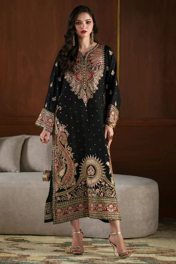 Black Kashmiri Royale: Charmoush Embroidered Silk Kaftan | Ready To Wear