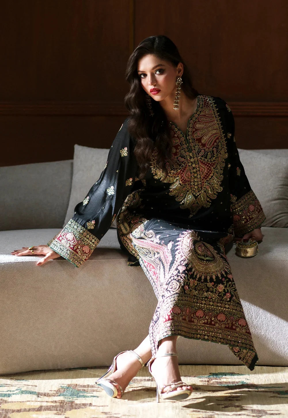 Black Kashmiri Royale: Charmoush Embroidered Silk Kaftan | Ready To Wear
