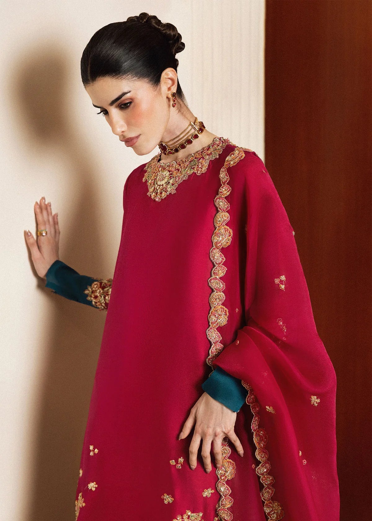 Deep Magenta Pink & Gold Embroidered Silk Suit | Ready To Wear