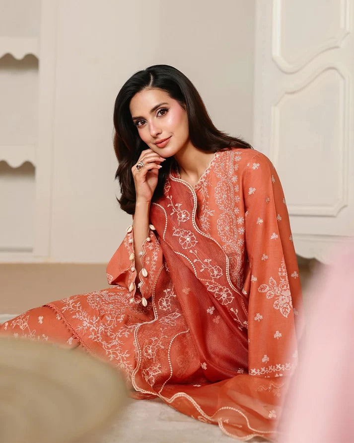 Warm Burnt Peach & White Floral Accent: Embroidered Lawn Suit | Ready To Wear