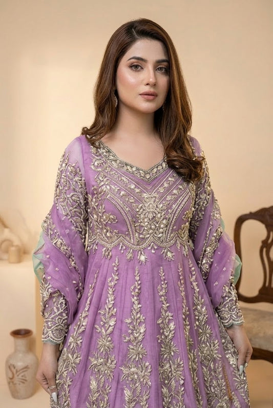 Soft Lilac & Silver Heavily Embroidered Net Maxi | Ready To Wear