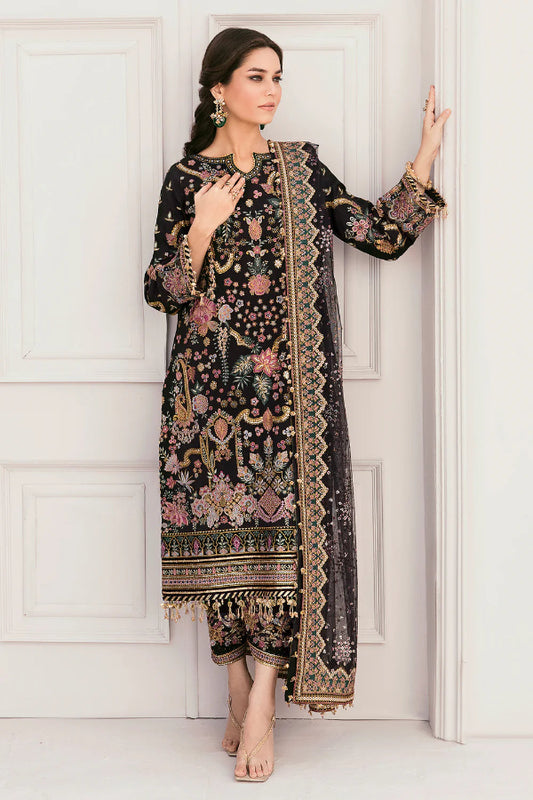 Jet Black & Multi-Color Paisley Embroidered Silk Suit | Ready To Wear