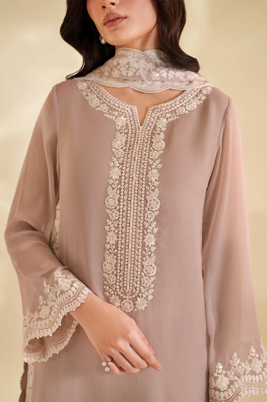 Ash Taupe & Off-White Accent: Embroidered Chiffon Suit | Ready To Wear