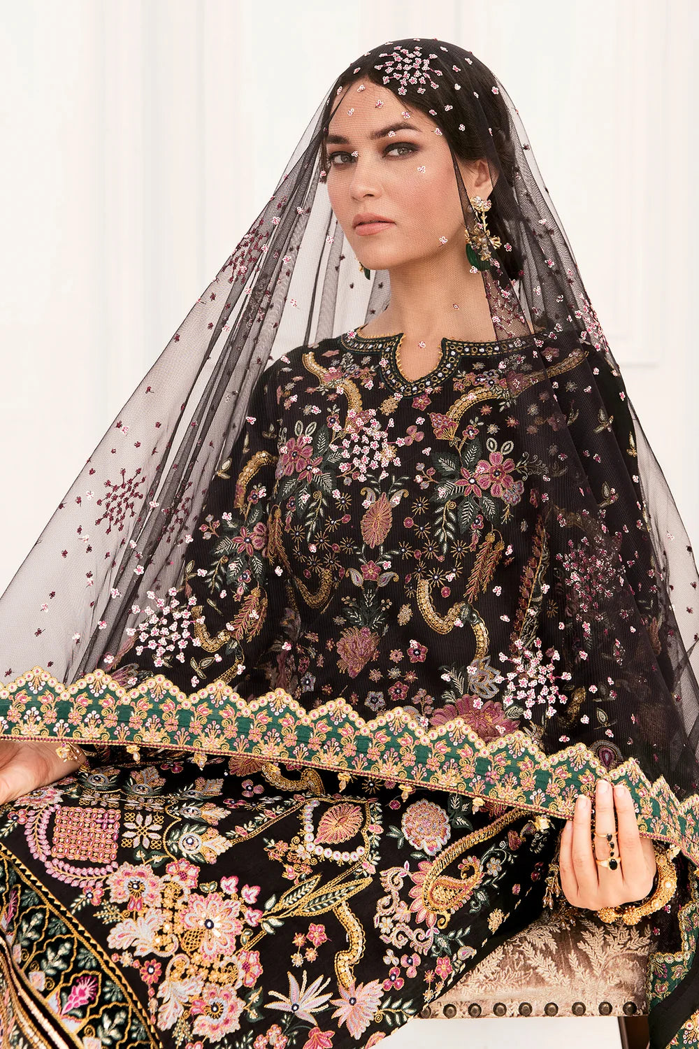 Jet Black & Multi-Color Paisley Embroidered Silk Suit | Ready To Wear