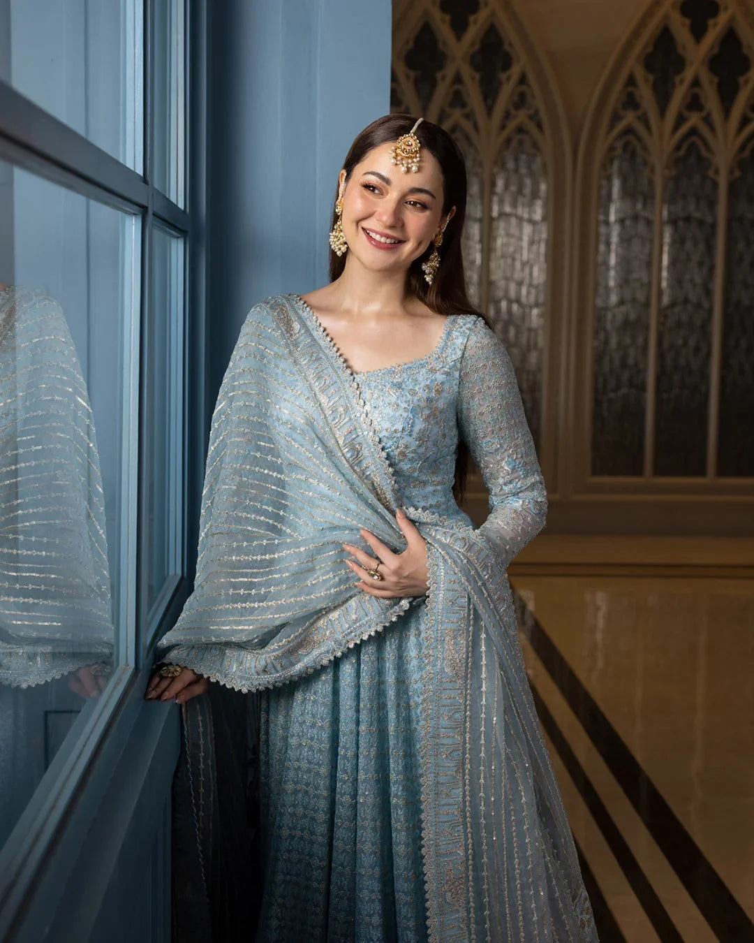 Ombré Ice Blue - Two Tone Embroidered Net Maxi | Ready To Wear
