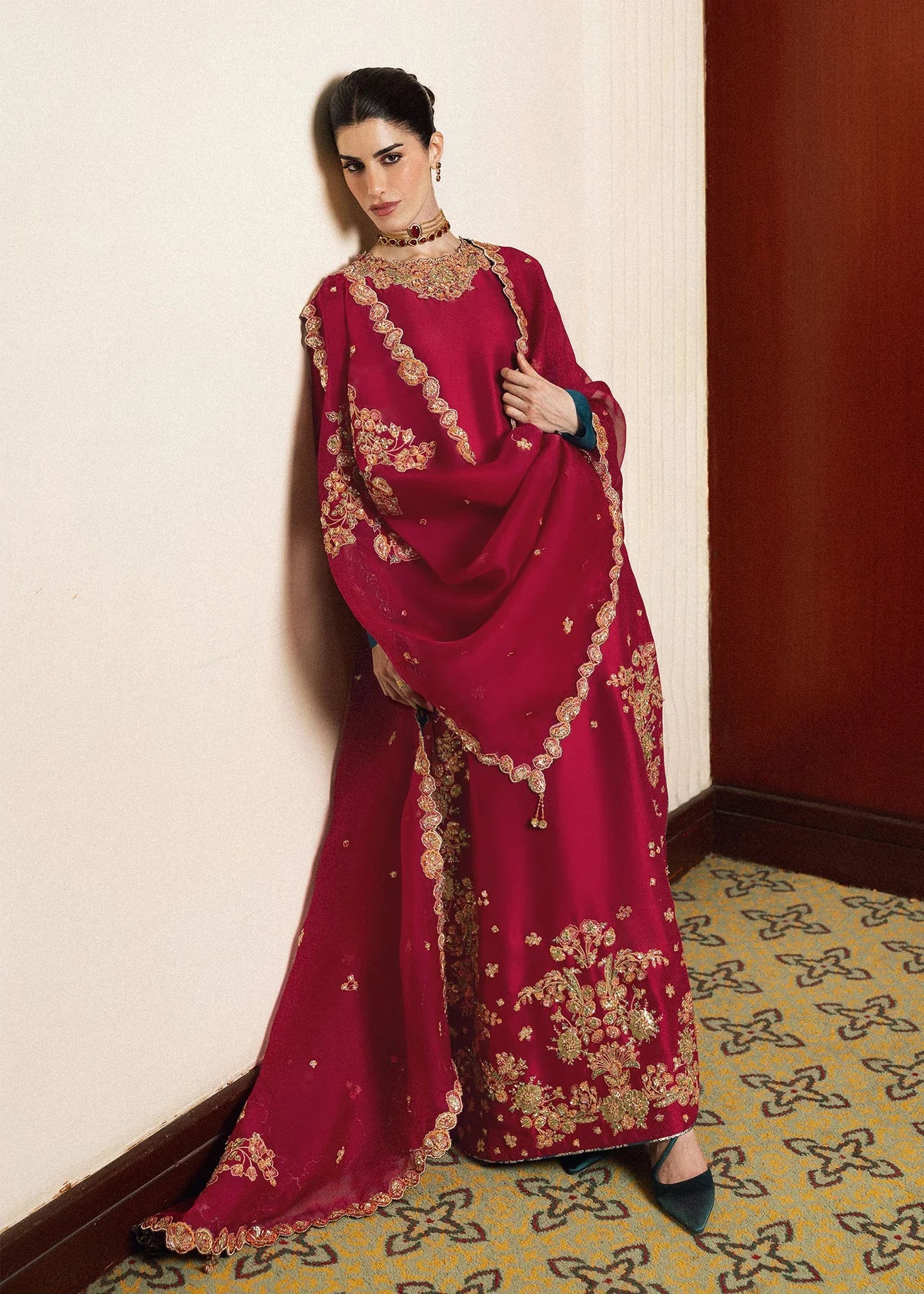 Deep Magenta Pink & Gold Embroidered Silk Suit | Ready To Wear