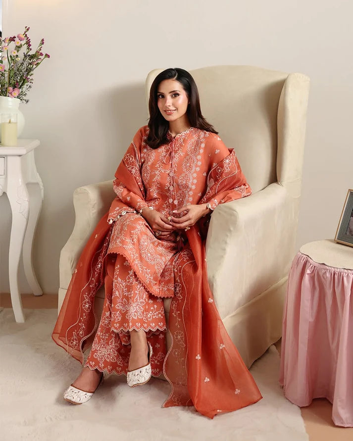 Warm Burnt Peach & White Floral Accent: Embroidered Lawn Suit | Ready To Wear