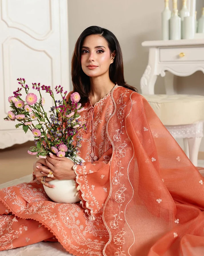 Warm Burnt Peach & White Floral Accent: Embroidered Lawn Suit | Ready To Wear