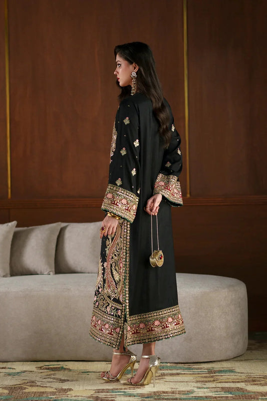 Black Kashmiri Royale: Charmoush Embroidered Silk Kaftan | Ready To Wear
