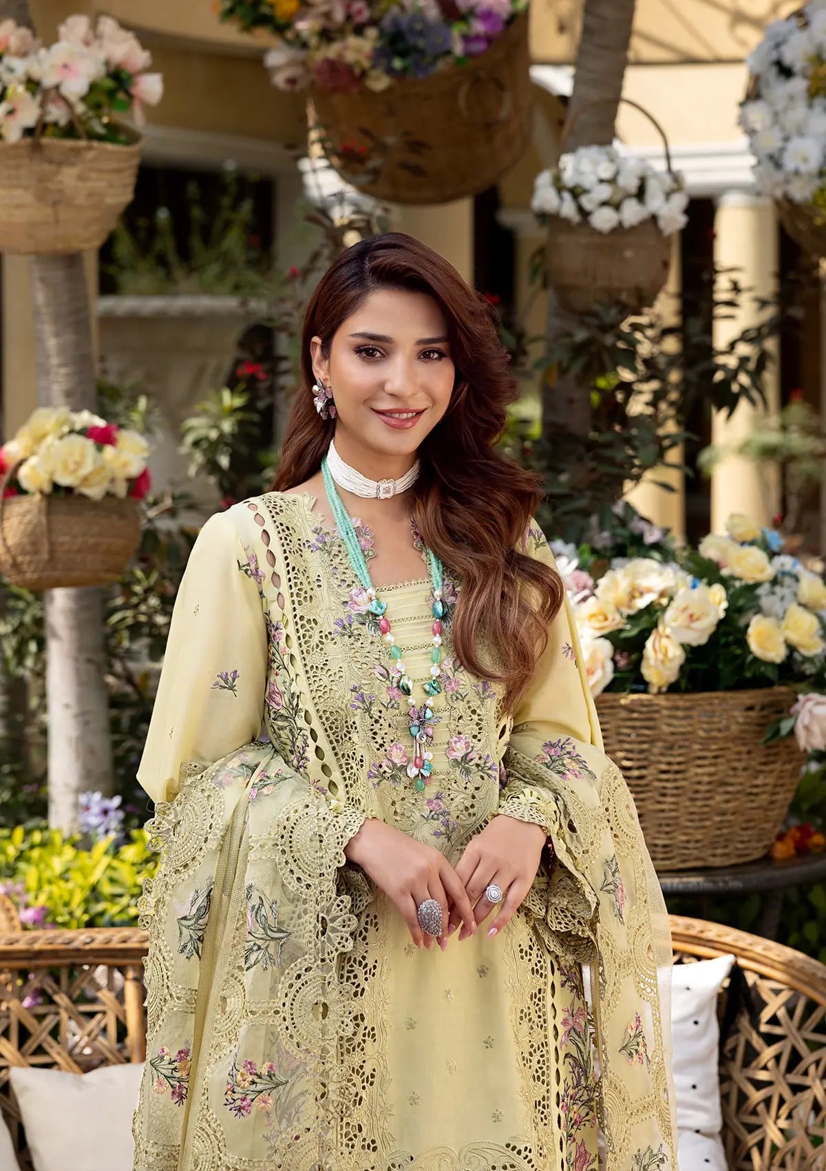 Soft Butter Yellow & Pink Floral Embroidered Lawn Suit | Ready To Wear