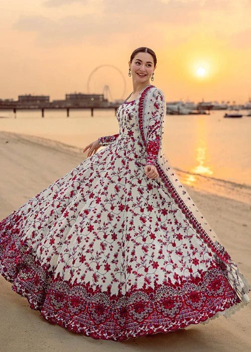 Off-White & Ruby Red: Embroidered Lawn Suit (Maxi Style) - Ready To Wear