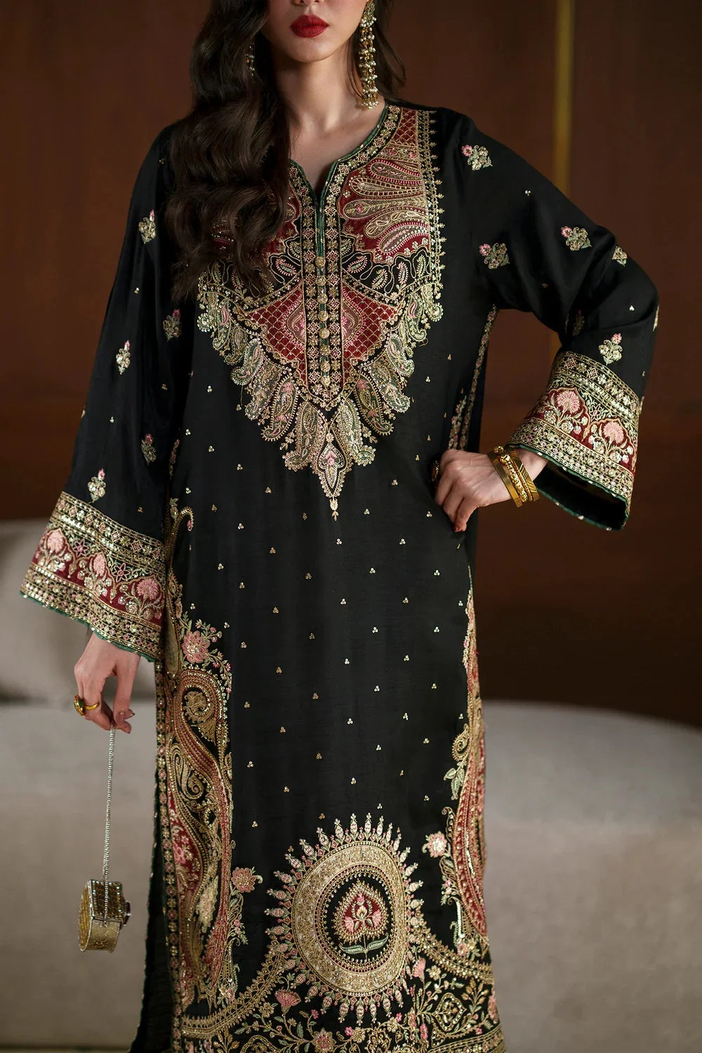 Black Kashmiri Royale: Charmoush Embroidered Silk Kaftan | Ready To Wear