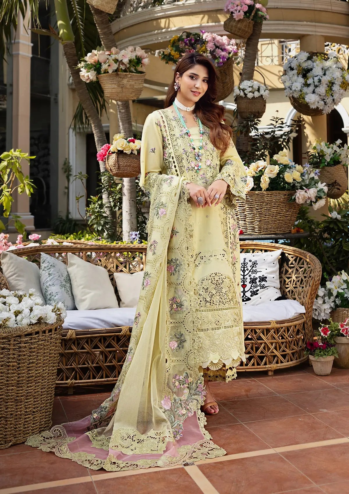 Soft Butter Yellow & Pink Floral Embroidered Lawn Suit | Ready To Wear