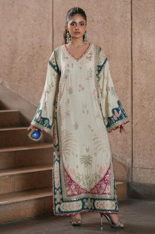 Ivory Oasis: 02-Piece Botanical Embroidered Silk Kaftan | Ready To Wear