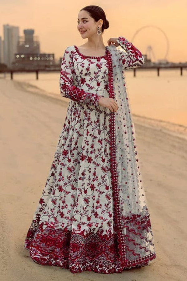 Off-White & Ruby Red: Embroidered Lawn Suit (Maxi Style) - Ready To Wear
