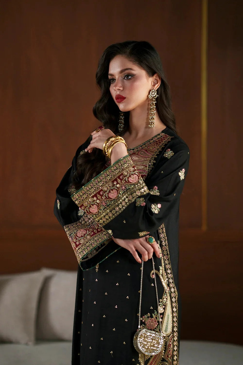 Black Kashmiri Royale: Charmoush Embroidered Silk Kaftan | Ready To Wear