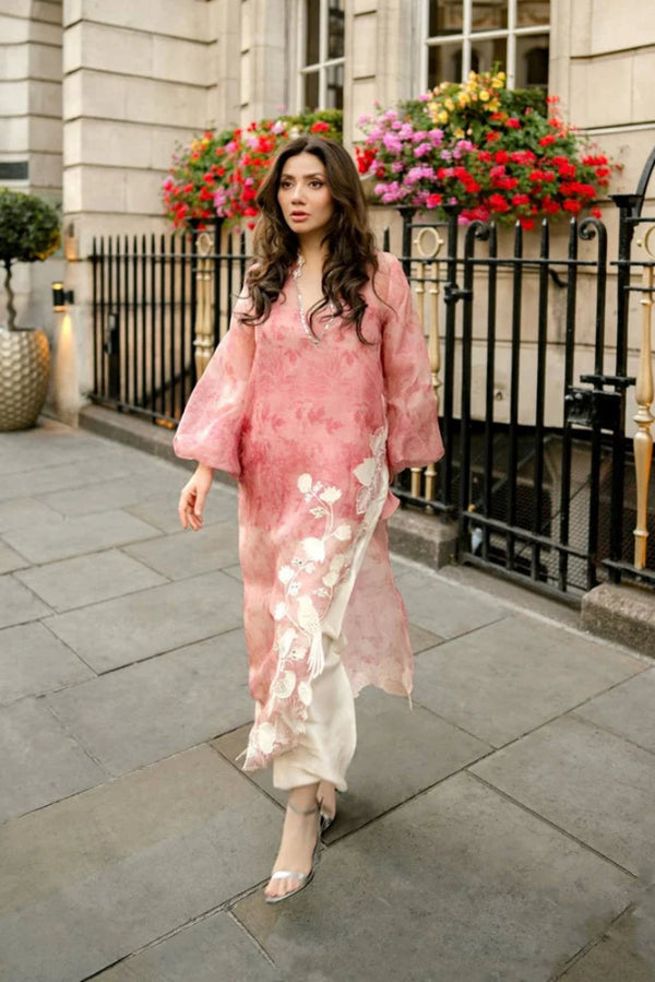 Rose Pink & Ivory: Embroidered Sheesha Silk Suit | Ready To Wear