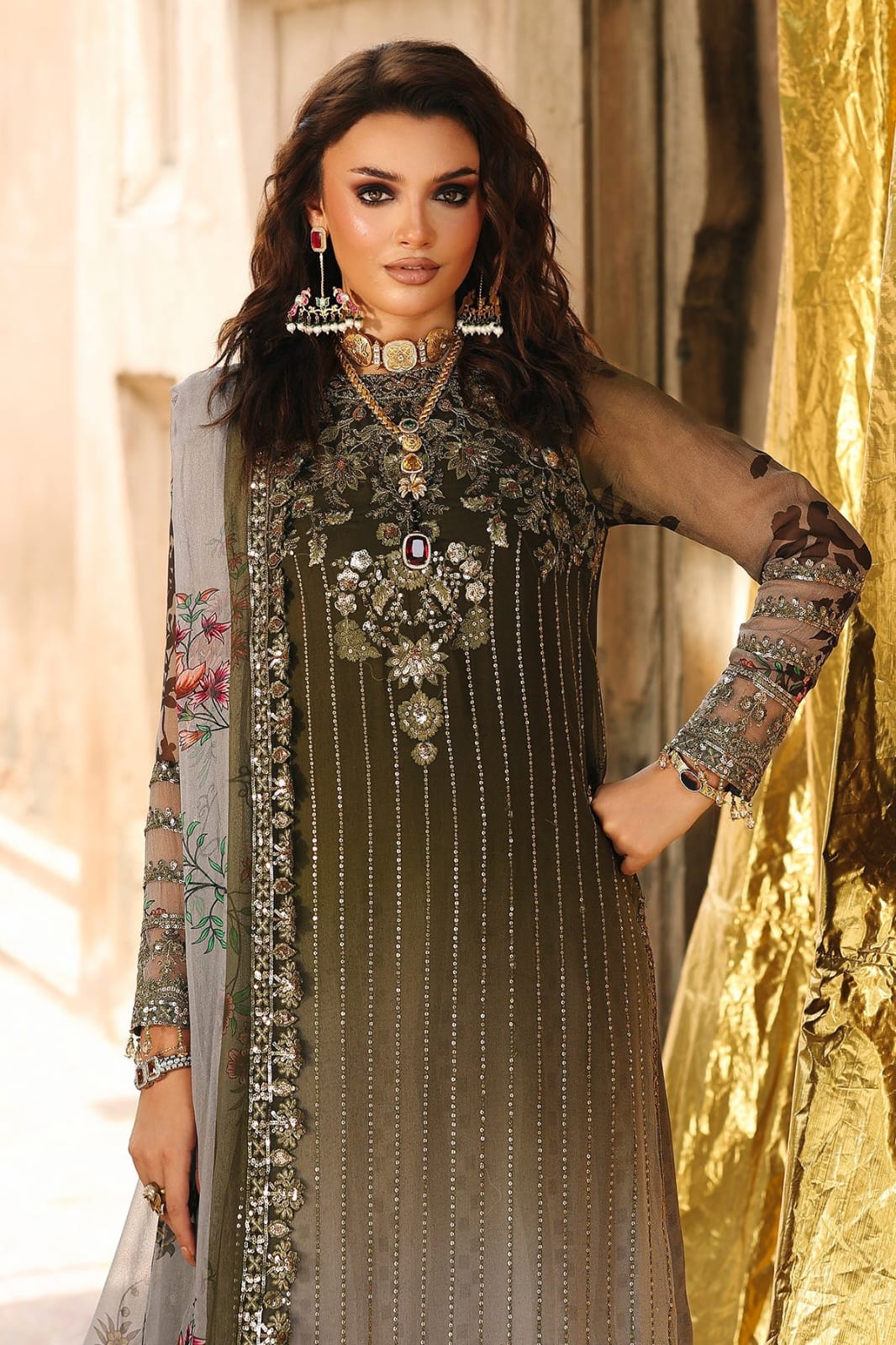 Olive & Silver Grey Tie-Dye: Embroidered Chiffon Suit | Ready To Wear