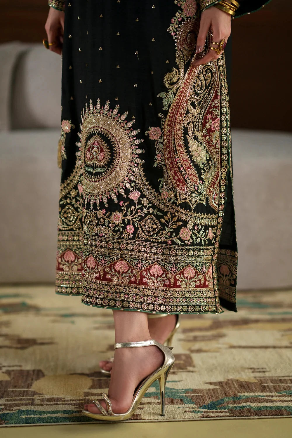 Black Kashmiri Royale: Charmoush Embroidered Silk Kaftan | Ready To Wear