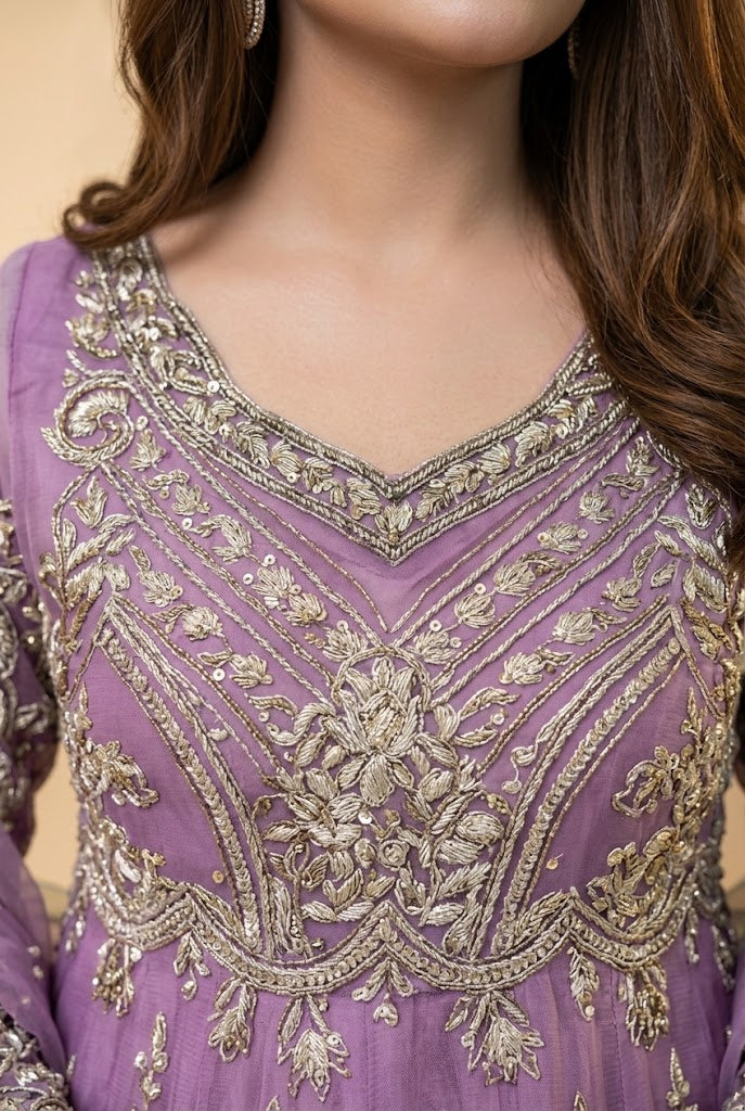 Soft Lilac & Silver Heavily Embroidered Net Maxi | Ready To Wear
