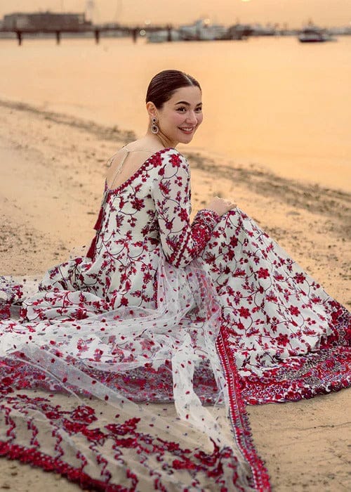 Off-White & Ruby Red: Embroidered Lawn Suit (Maxi Style) - Ready To Wear