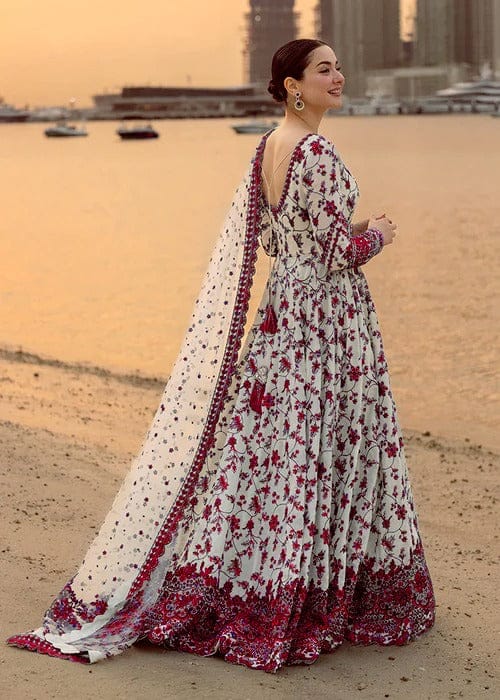 Off-White & Ruby Red: Embroidered Lawn Suit (Maxi Style) - Ready To Wear