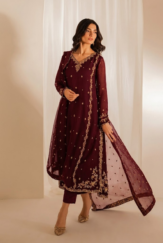 Black & Maroon: Embroidered Chiffon Suit With Malai Trouser | Ready To Wear