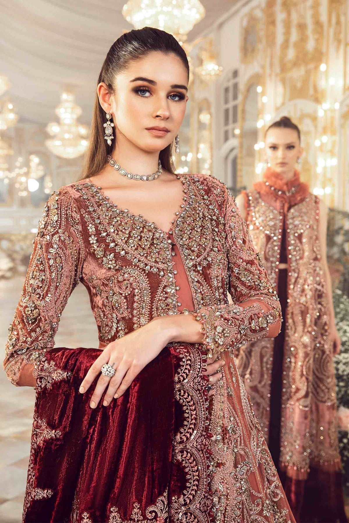 Rust Orange & Burgundy Net Embroidered Bridal Maxi | Ready To Wear