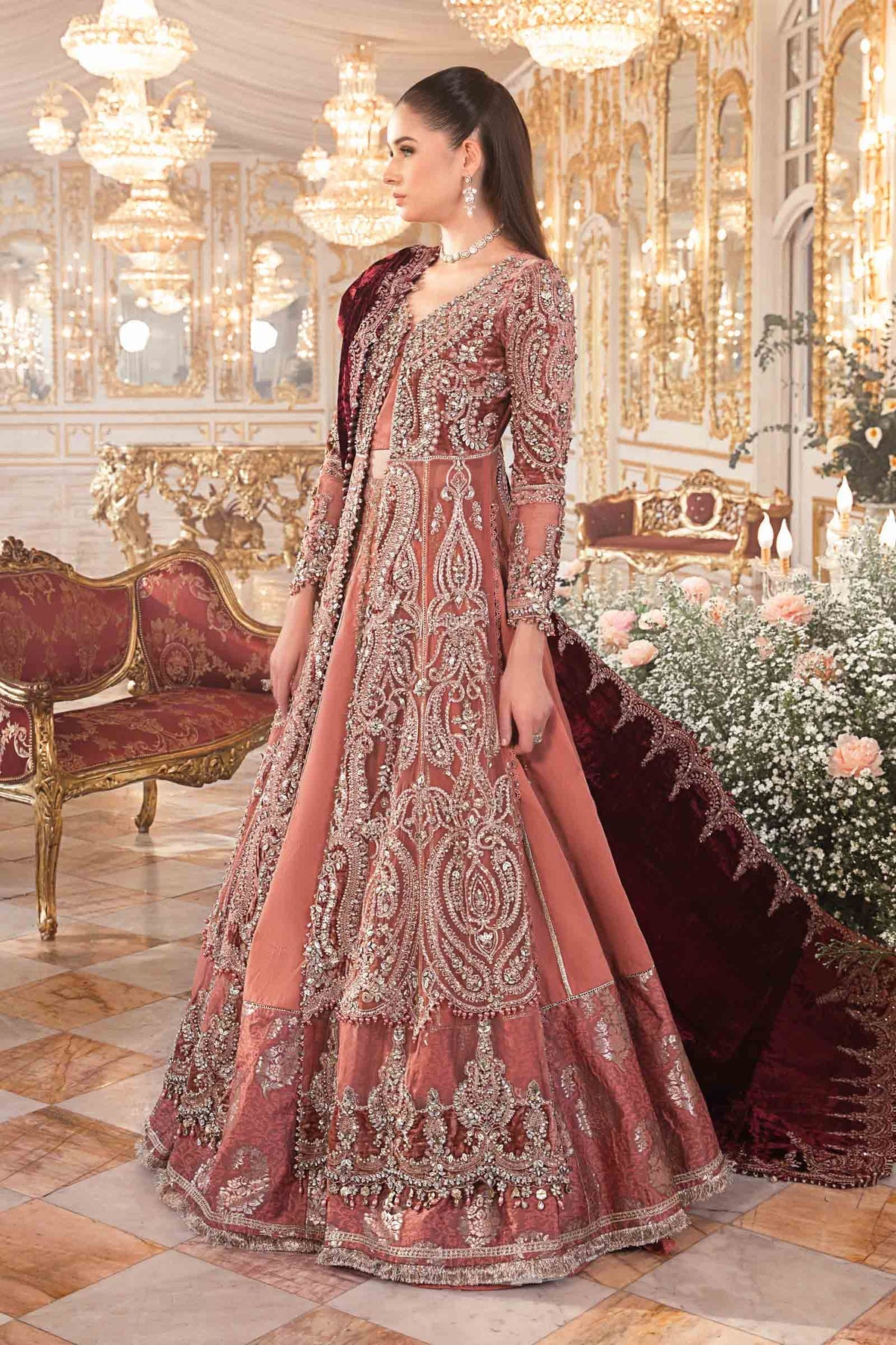 Rust Orange & Burgundy Net Embroidered Bridal Maxi | Ready To Wear