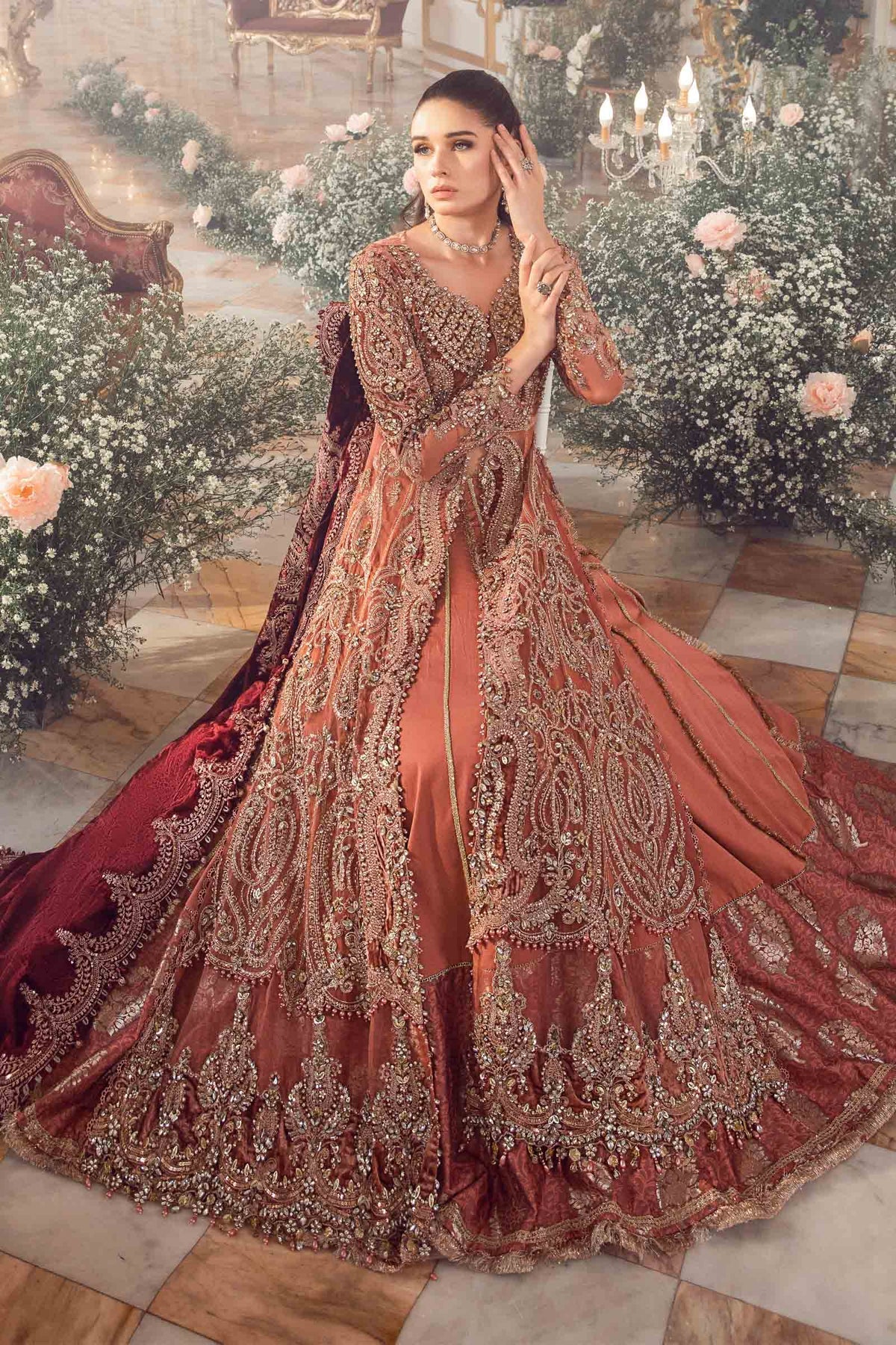 Rust Orange & Burgundy Net Embroidered Bridal Maxi | Ready To Wear