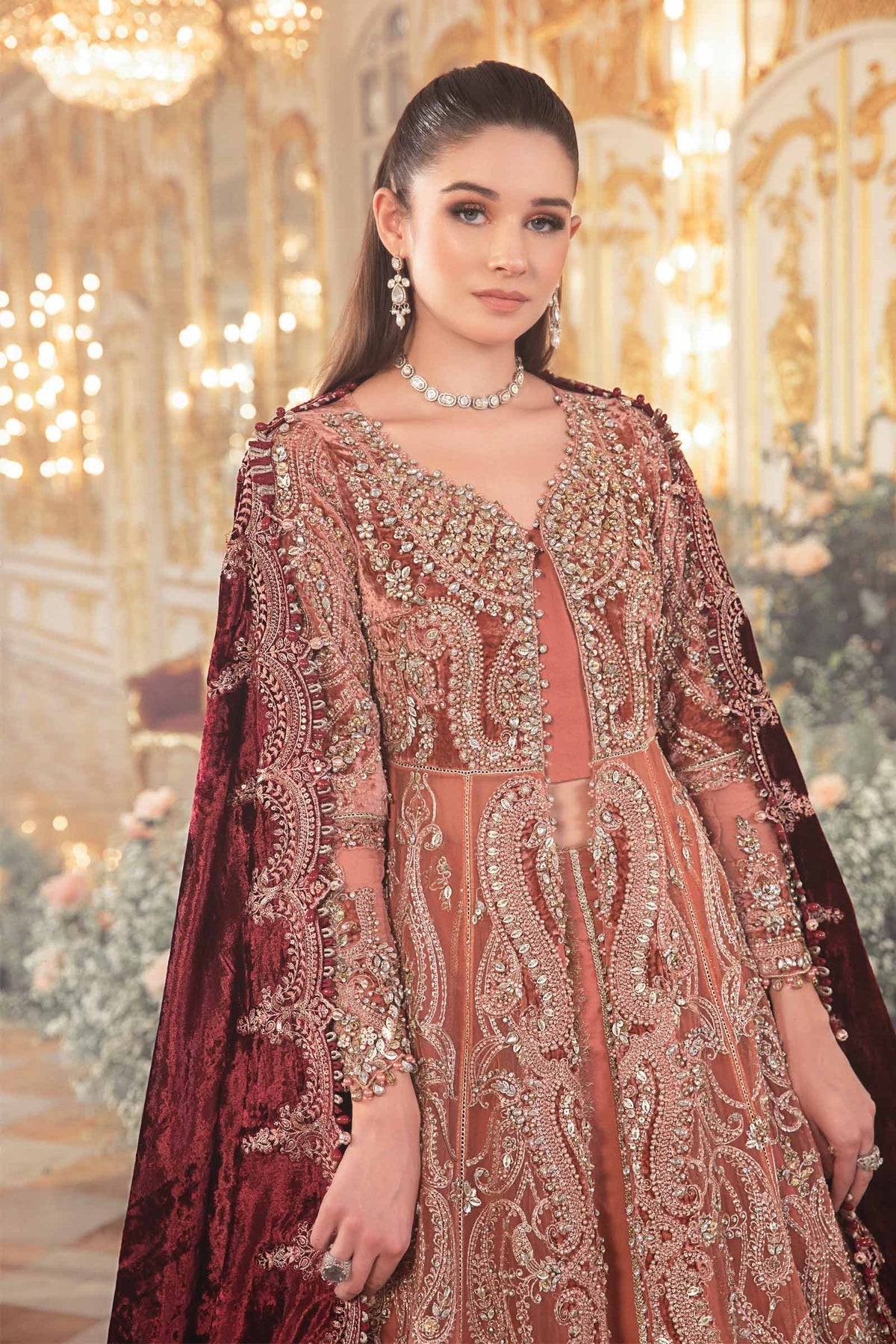 Rust Orange & Burgundy Net Embroidered Bridal Maxi | Ready To Wear