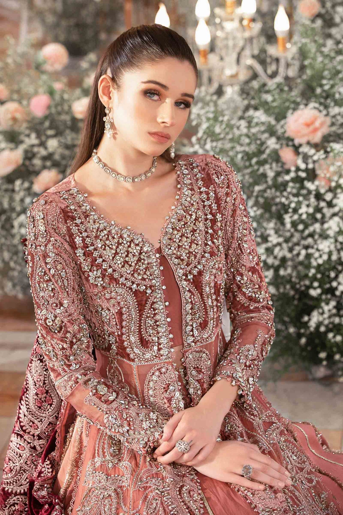 Rust Orange & Burgundy Net Embroidered Bridal Maxi | Ready To Wear