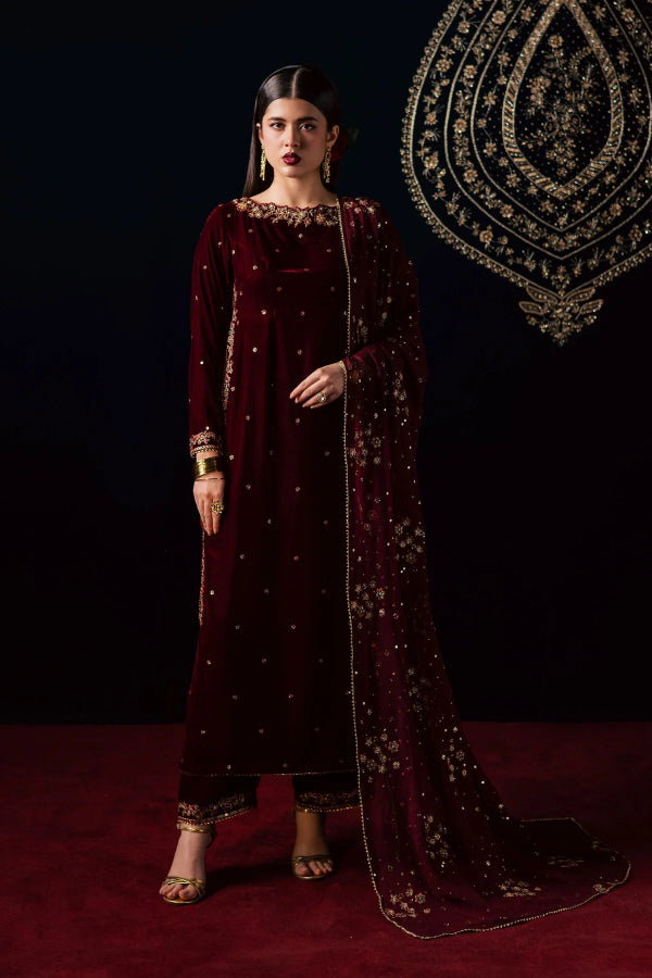 Deep Maroon Velvet & Gold Embroidered Suit | Ready To Wear